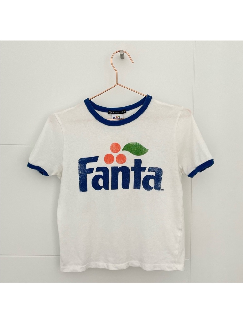 Zara White Fanta Logo Ringer Tee with Blue Trim and Orange-Green Accents